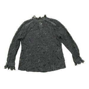 Womens Black Lace Long Sleeve Top Size 6 Pullover Front Button Formal Luxury